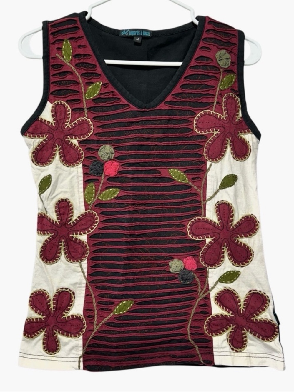 LEOPARDS & ROSES Embroidered Boho Folk Art Cotton Tank Top M